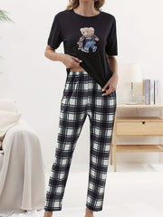 Bear Print Pajama Set Short Sleeve Crew Neck Top & Pants Women's Sleepwear