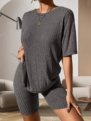 Ribbed Lounge Set Short Sleeve Top & Shorts Women's Loungewear