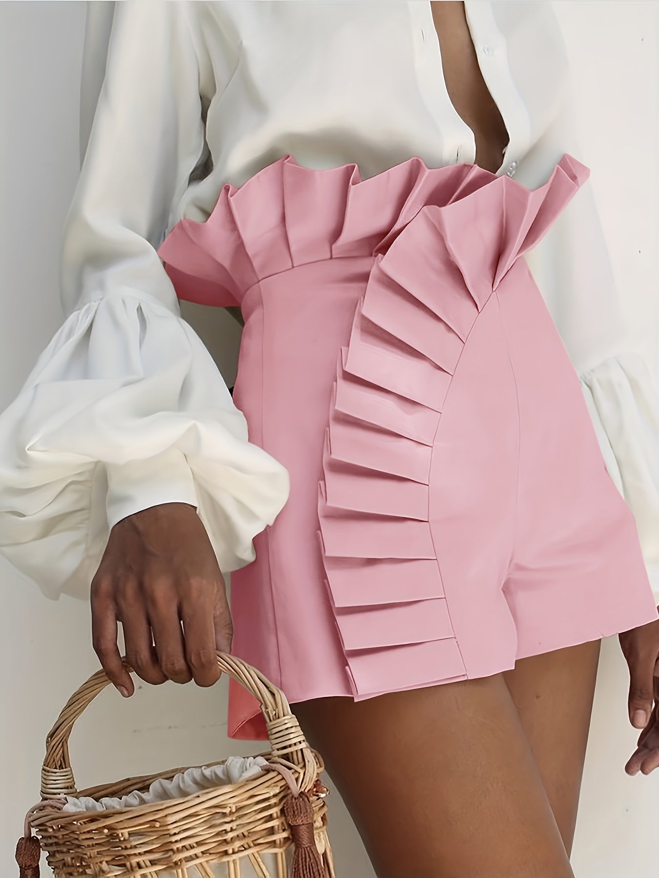 Ruffle Trim Solid Shorts High Waist Summer Casual Asymmetrical Shorts