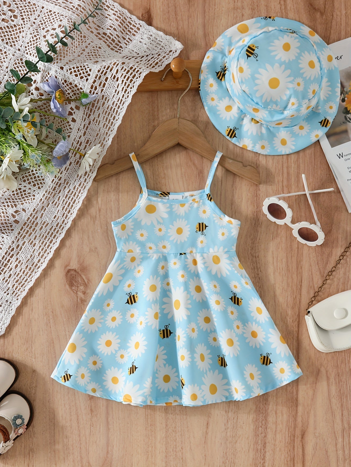 2pcs Baby Girls Daisy Print Suspender Dress Hat Set
