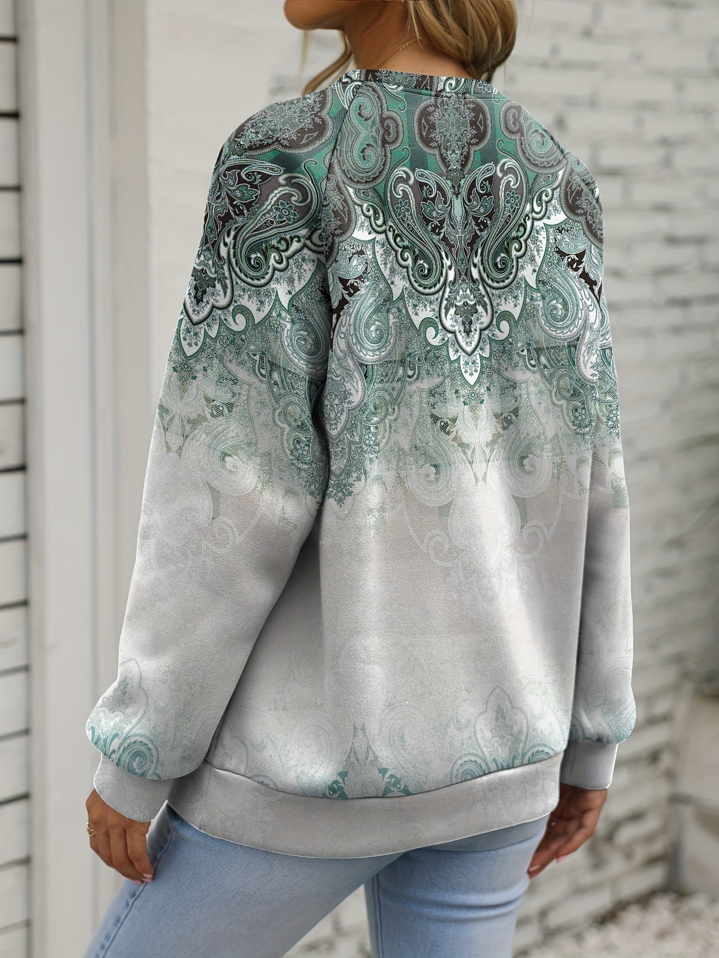 Ethnic Floral Print Sweatshirt Casual Crew Neck Long Sleeve
