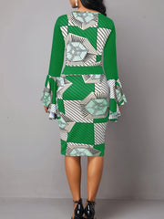 Geometric Stripe Print Bell Sleeve Midi Dress