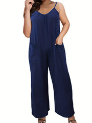 Casual Sleeveless Wide Leg Jumpsuit with Patched Pockets