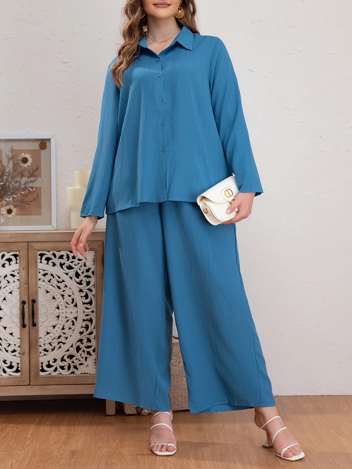 Ribbed Long Sleeve Polo Neck Blouse & Wide Leg Pants Set