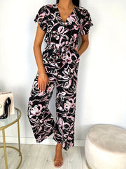 Floral Print Surplice Neck Jumpsuit Ruffle Sleeve Wide Leg