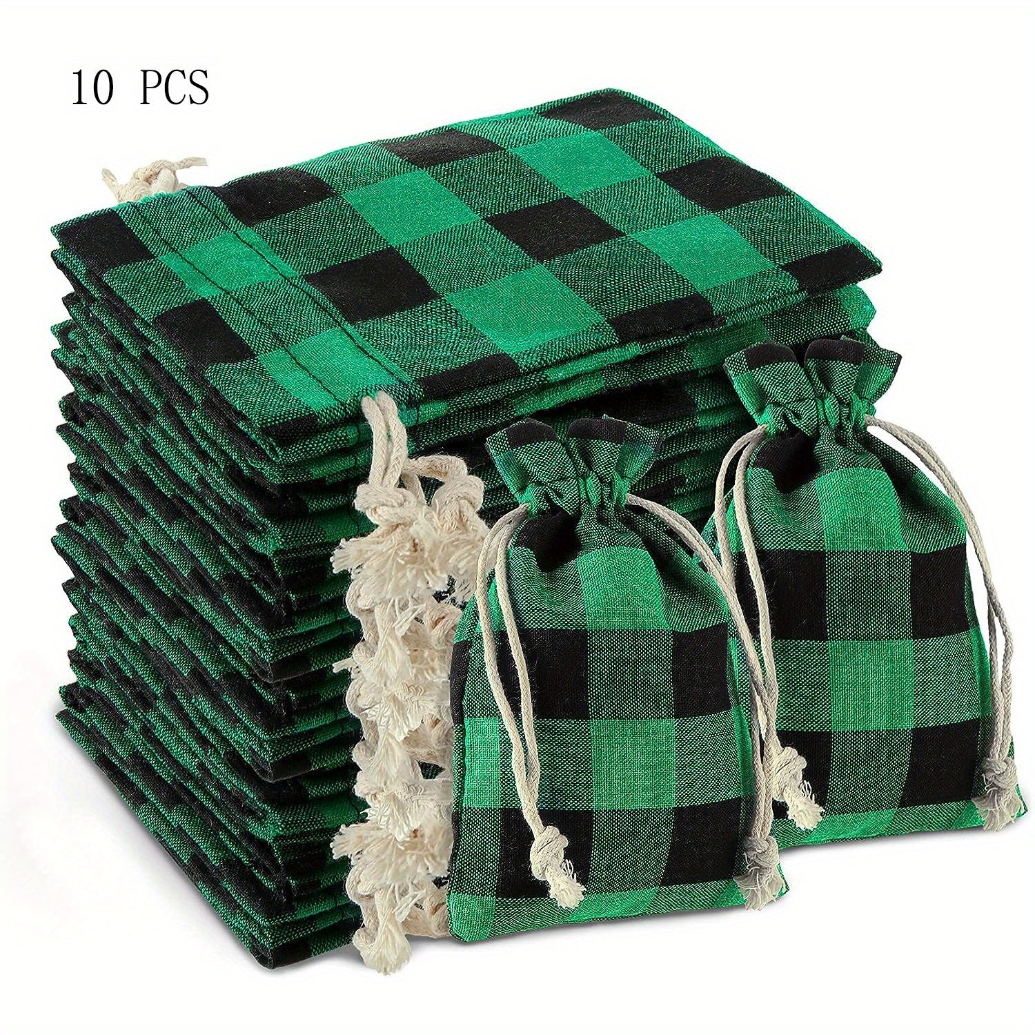 10pcs Christmas Plaid Cotton Burlap Bag Drawstring Pocket Candy Ornament Packagi
