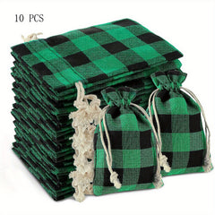 10pcs Christmas Plaid Cotton Burlap Bag Drawstring Pocket Candy Ornament Packagi