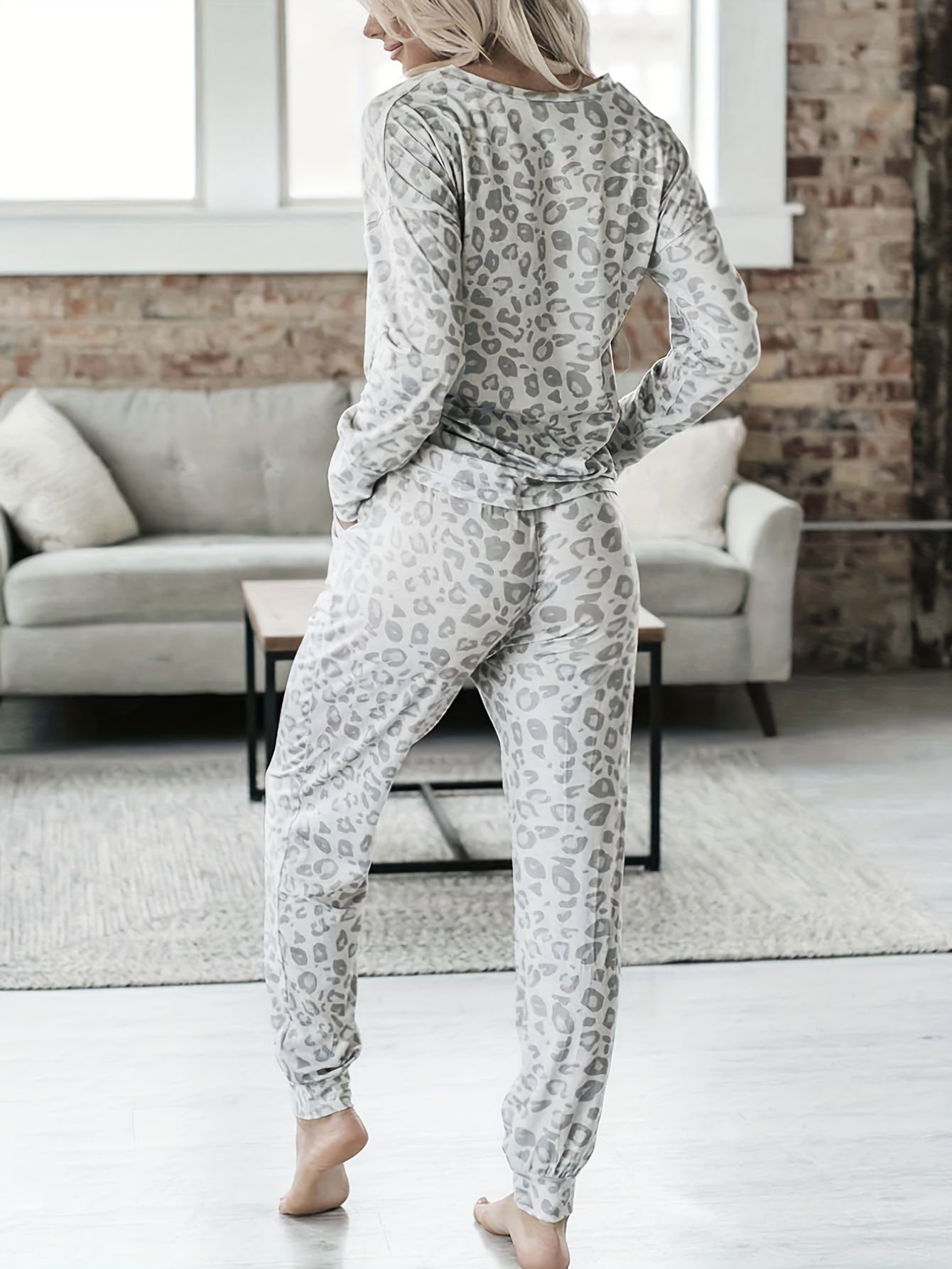 Leopard Print Lounge Set Long Sleeve V Neck Top & Lace Up Pants