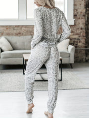 Leopard Print Lounge Set Long Sleeve V Neck Top & Lace Up Pants