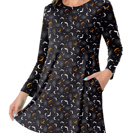 Bat Print Halloween Dress Long Sleeve Mini Dress Women's Clothing