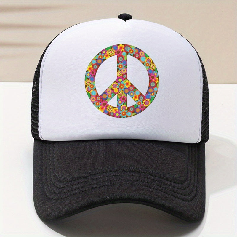 Peace Sign Print Baseball Cap Breathable Trucker Hat Adjustable Sun Hats
