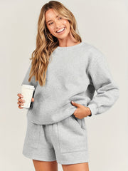 2pcs Sports Suits Crew Neck Sweatshirt & Comfort Shorts Women's Activewear