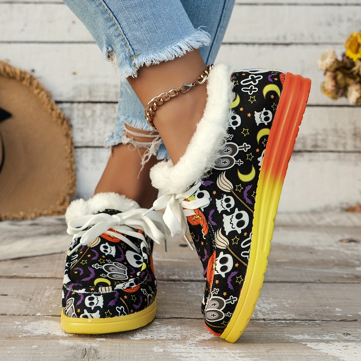 Women's Halloween Skeleton Pattern Non slip Sneakers Low Top Sport Shoes