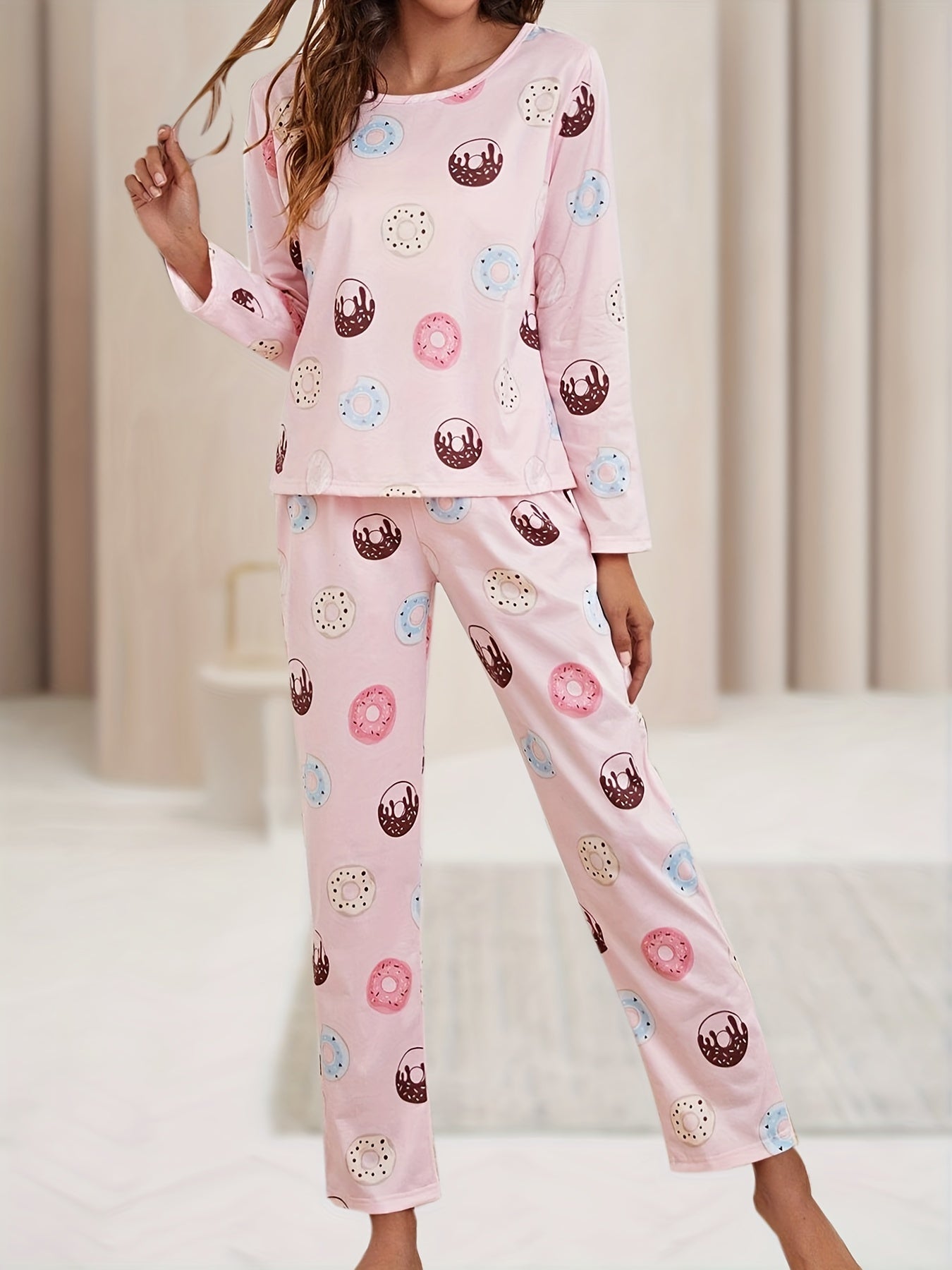 Donut Print Pajamas Set Round Neck Tee & Pants Loungewear