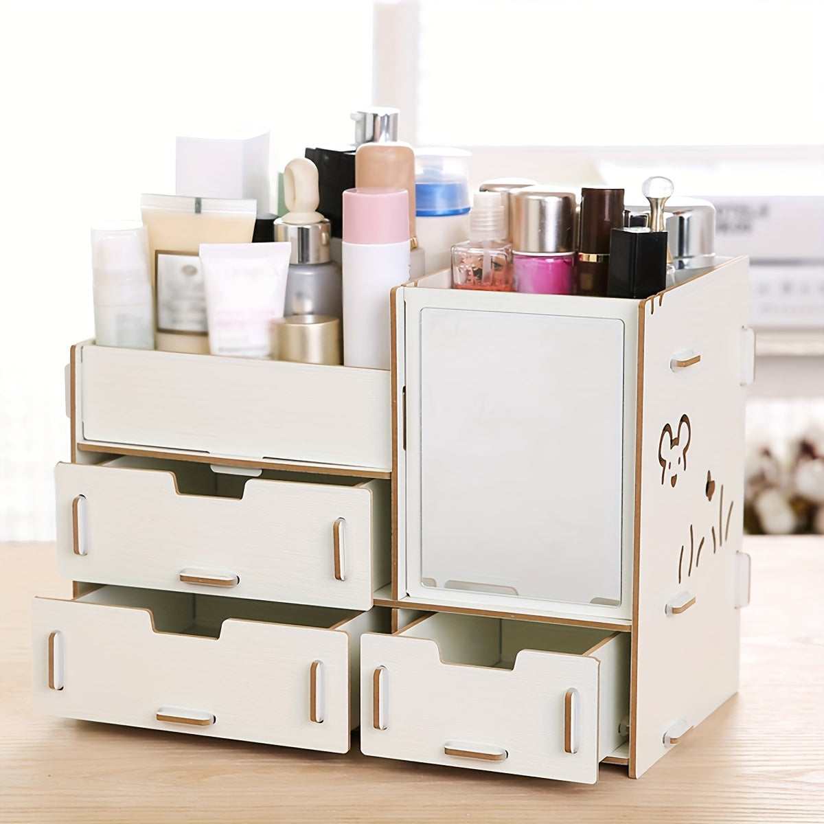 Wooden Storage Organizer With Mirror Desk Organizer