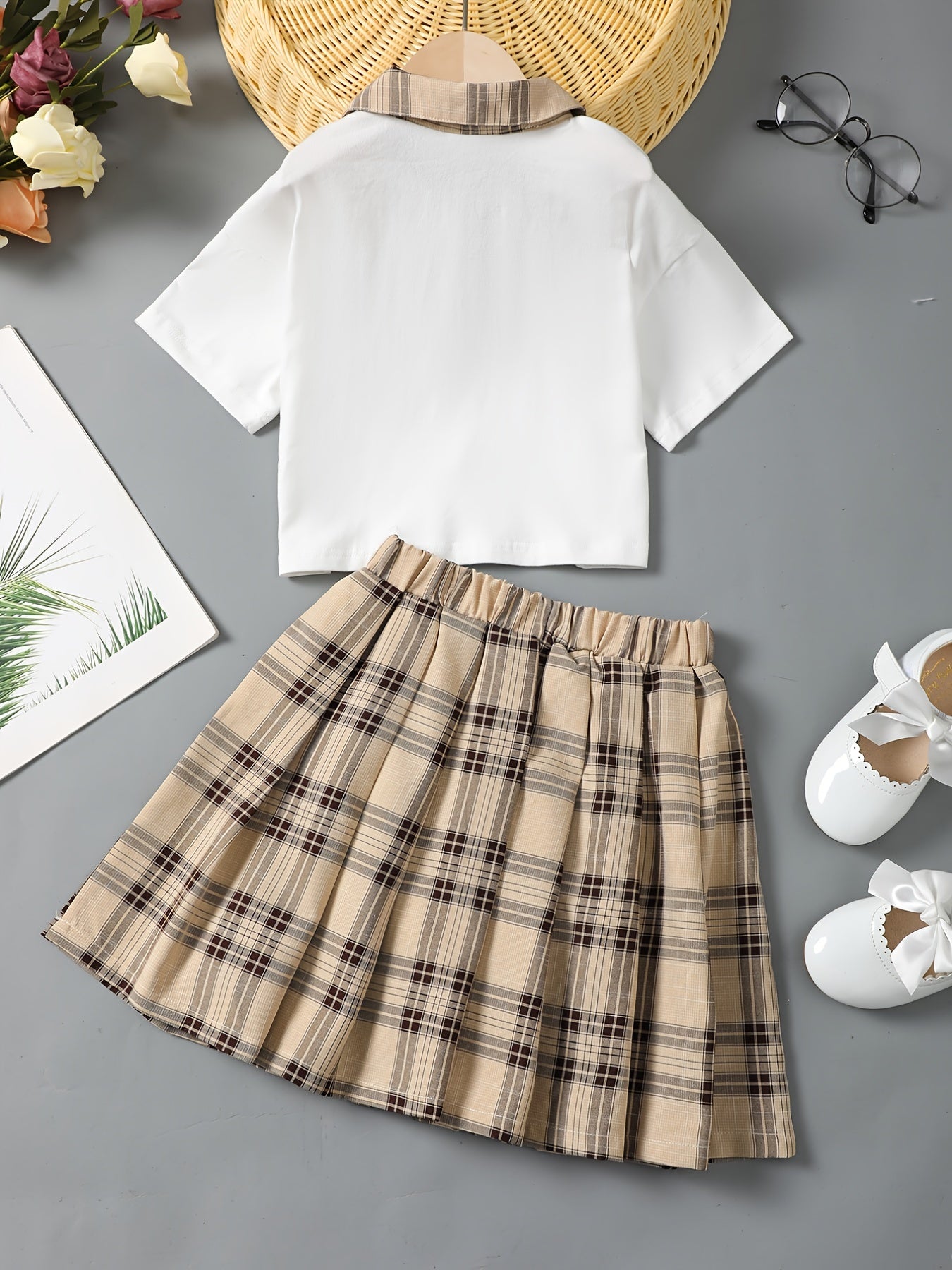 Girls Preppy Patchwork Polo Top & Plaid Skirt Set Summer Clothes
