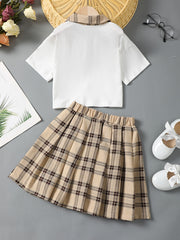 Girls Preppy Patchwork Polo Top & Plaid Skirt Set Summer Clothes