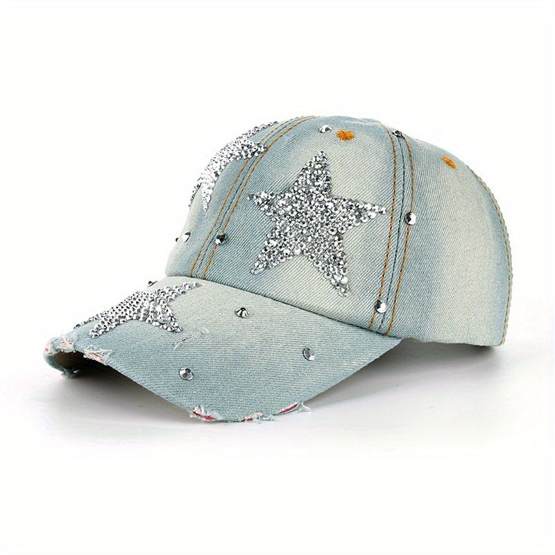 Five Pointed Star Inlaid Diamond Denim Baseball Cap