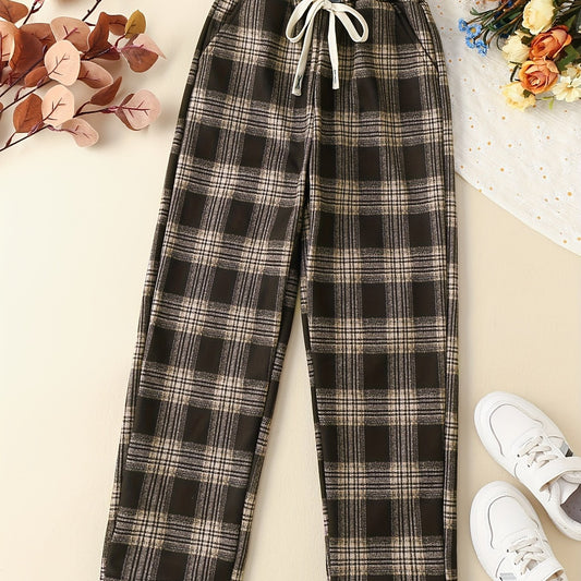 Girls' Fleece Plaid Drawstring Pants For Outwear Kids