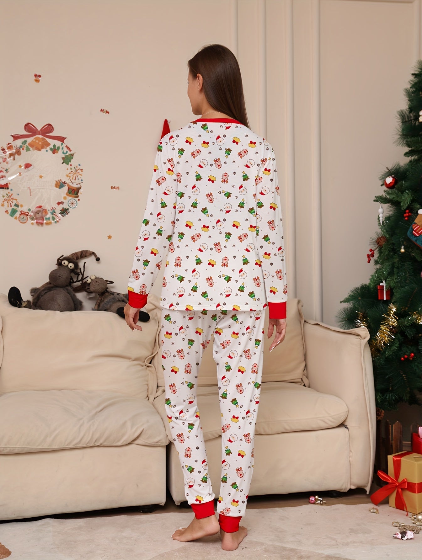 Christmas Pattern Pajama Set Long Sleeve Top & Pants Women's Sleepwear