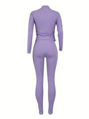 2pcs Ribbed Yoga Sets Long Sleeve Pullover & Leggings
