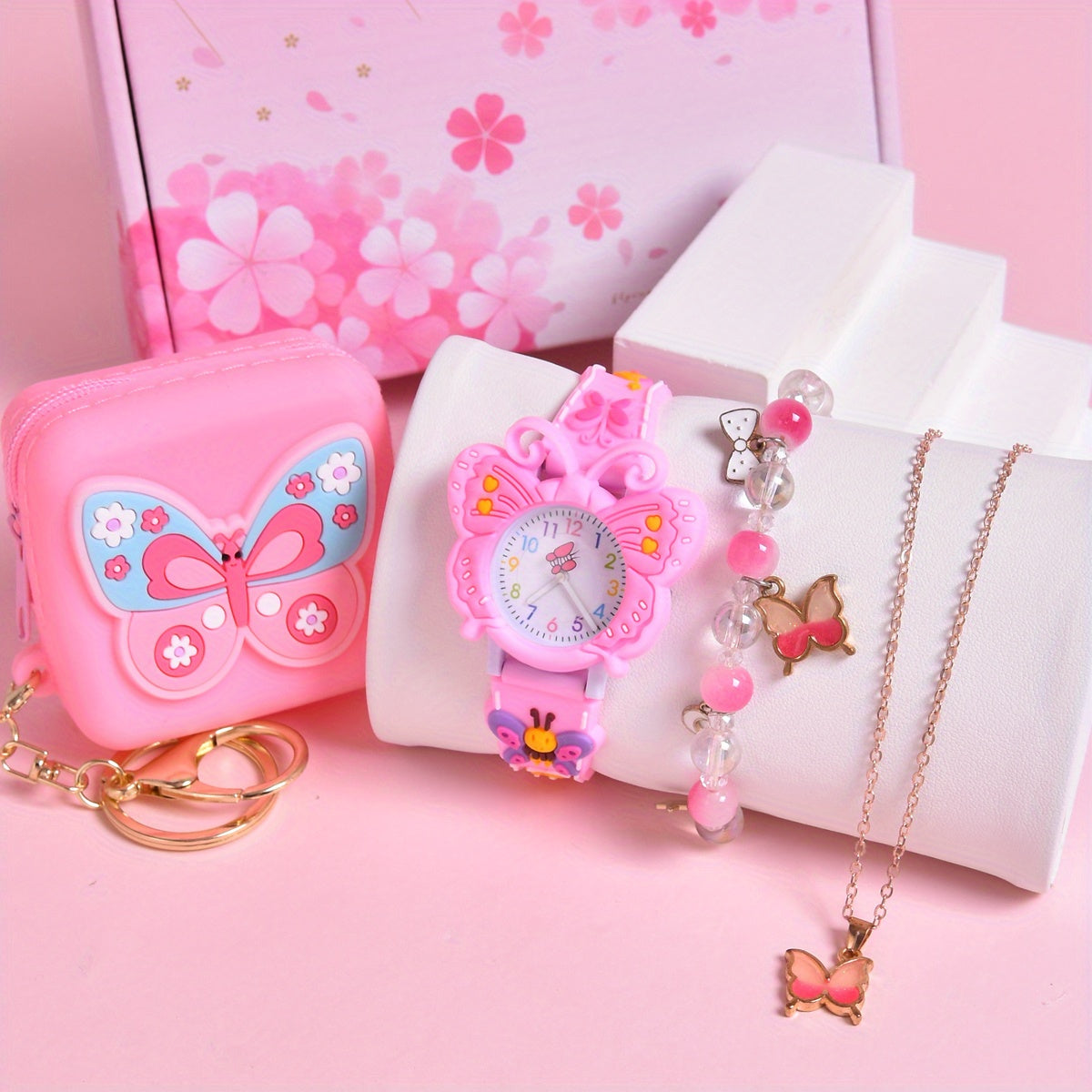 Girls' Quartz Watch Set with Butterfly Pattern, Coin Purse, Necklace
