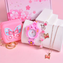 Girls' Quartz Watch Set with Butterfly Pattern, Coin Purse, Necklace