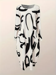 Graffiti Print Long Sleeve Round Neck Dress