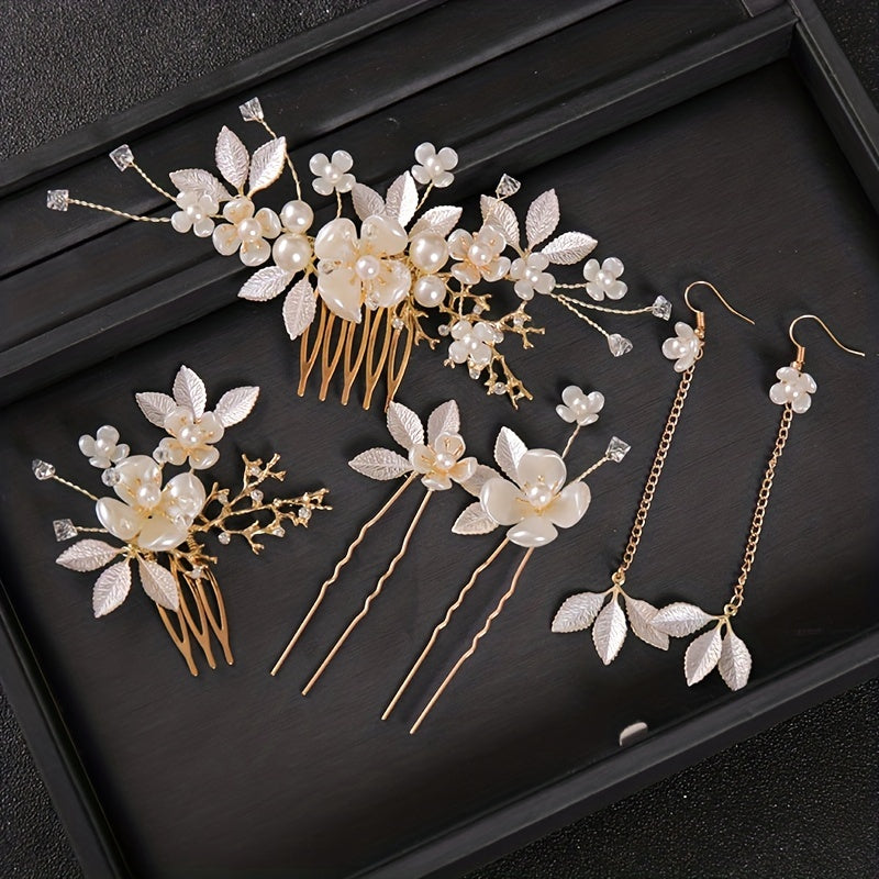 Bridal Flower Hair Comb Earrings Set Headwear Hair Comb