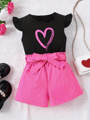 Girls Heart Graphic Flutter Sleeve Top & Belted Waist Shorts Set