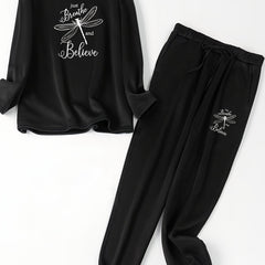 Casual Loungewear 2 Piece Set Dragonfly Print Top & Pants Pajama Set