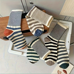 5 Pairs Women's Striped Print Mid Tube Socks
