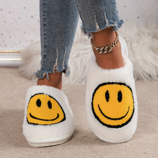 Women's Smile Face Plush Slippers Warm Indoor Closed Toe Flat Fuzzy Shoes