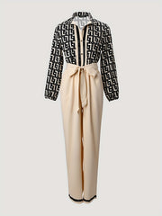 Geometric Print Wide Leg Jumpsuit Lace Up Long Sleeve