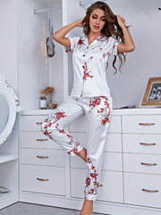 Floral Print Satin Pajama Set Short Sleeve Button Up Top & Pant