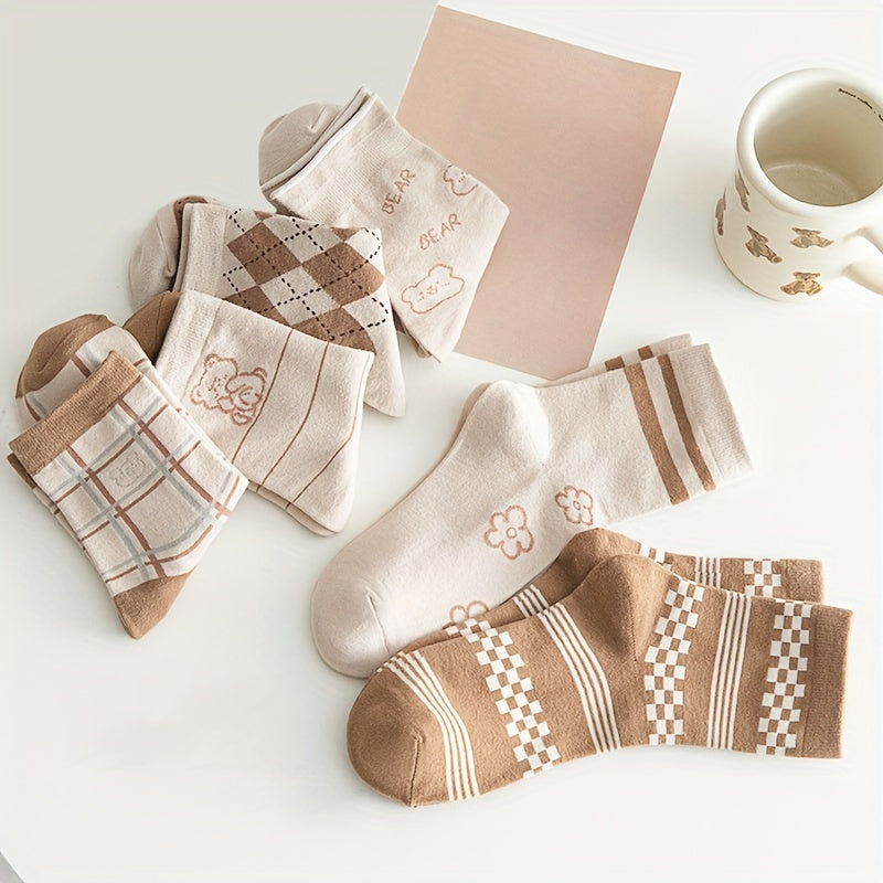 6 Pairs Bear & Plaid Print Socks Women's Stockings & Hosiery