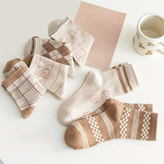 6 Pairs Bear & Plaid Print Socks Women's Stockings & Hosiery