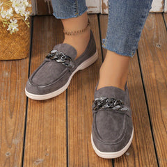 Women's Metallic Chain Decor Loafers Slip On Low Round Toe Solid Soft Sole Shoes