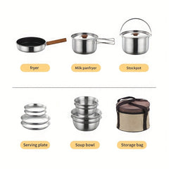 6pcs Stainless Steel Outdoor Cookware Set with Storage Bag