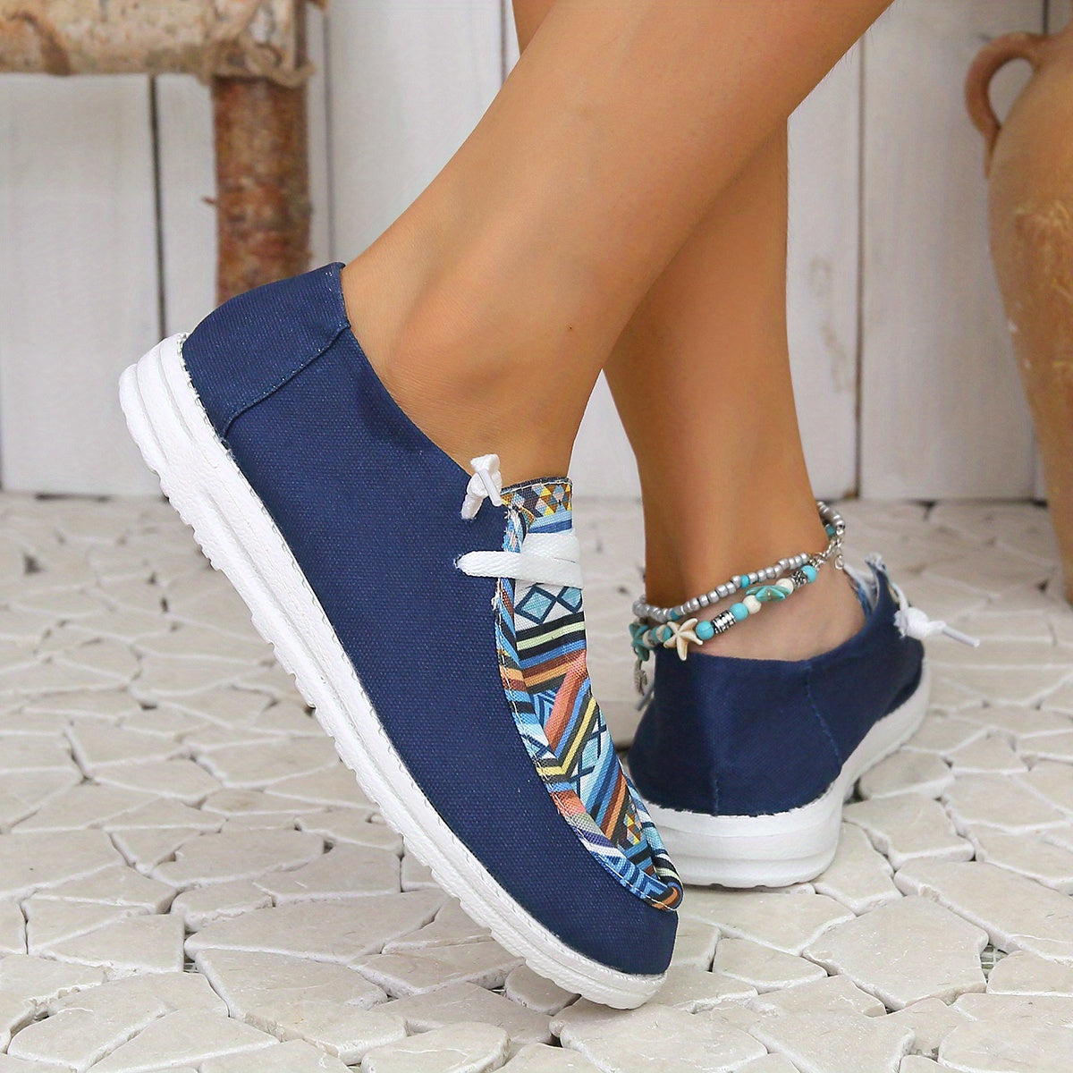 Geometric Pattern Canvas Shoes Lace Up Lightweight Outdoor Walking Shoes