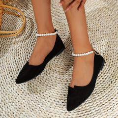 Faux Pearl Chain Flat Shoes Point Toe Soft Sole Lightweight Walking Shoes