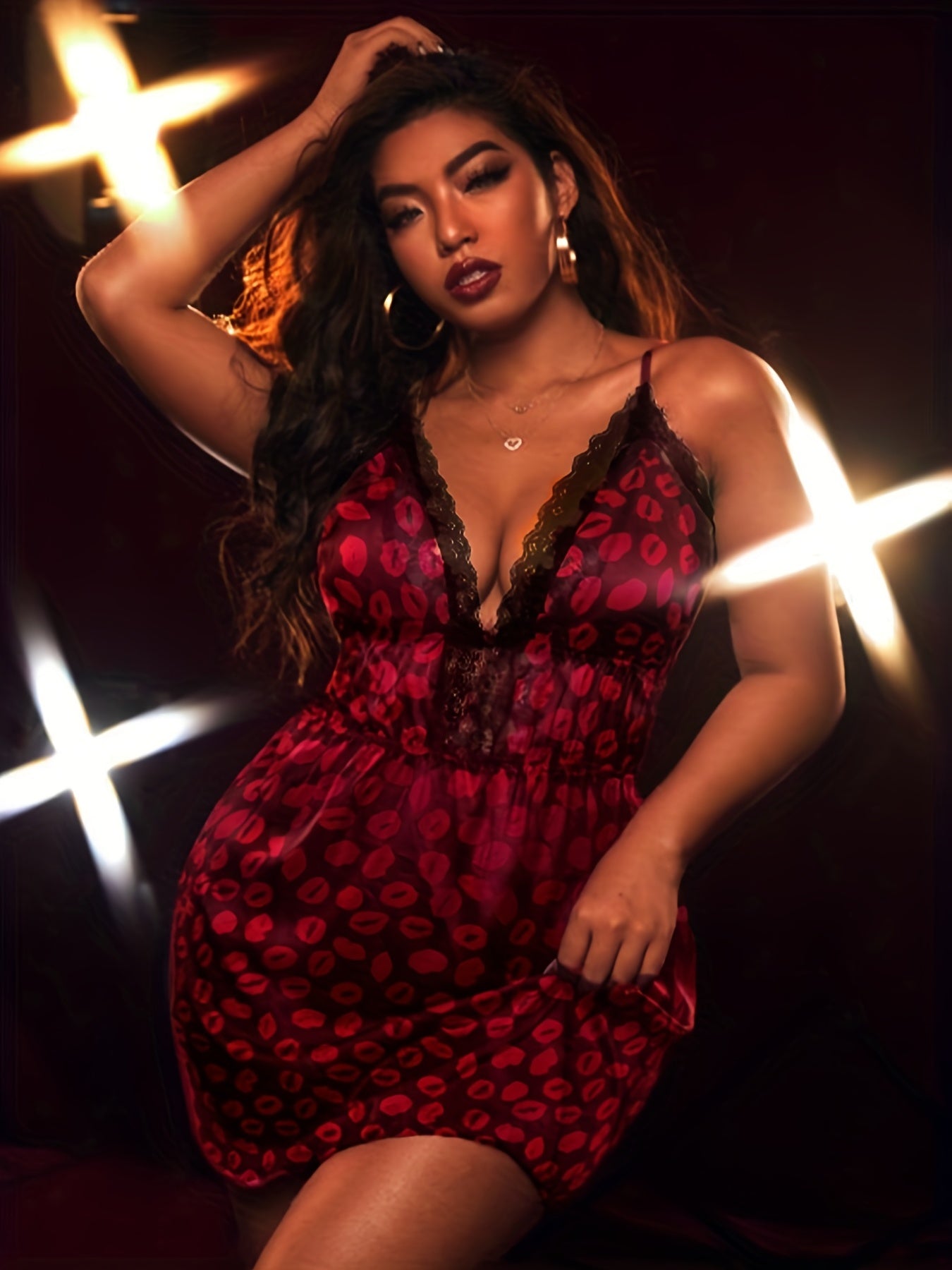 Sexy Lips Print Lace V Neck Cami Dress