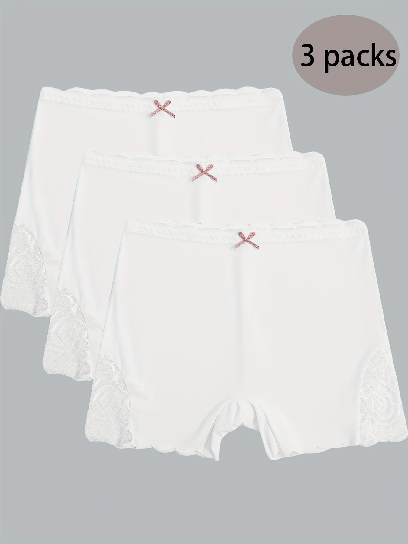 3pcs Lace Boyshort Panties Seamless Scallop Trim Bow Tie Women's Lingerie