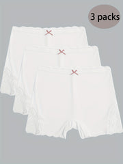 3pcs Lace Boyshort Panties Seamless Scallop Trim Bow Tie Women's Lingerie