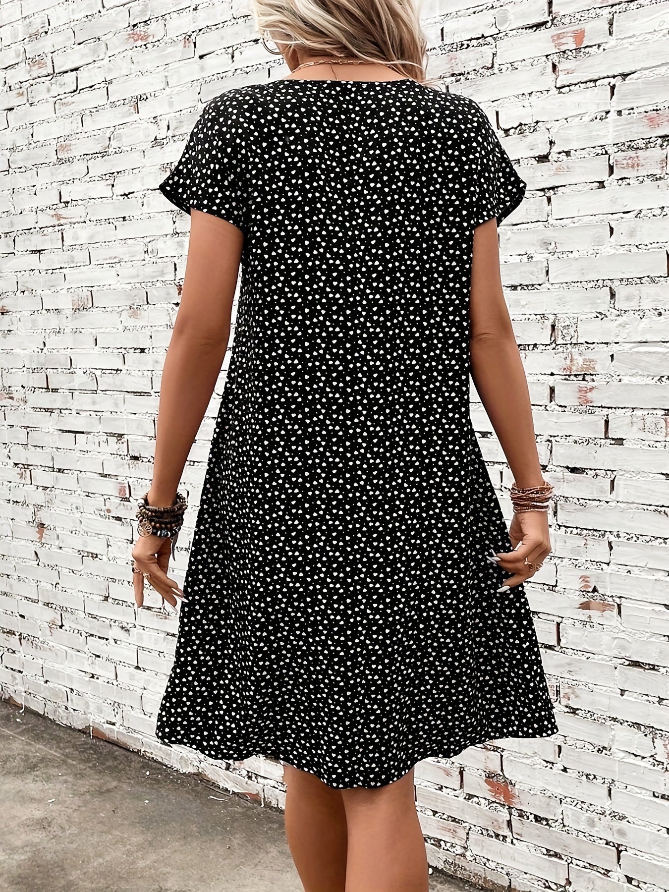 Heart Print Confetti Dress Casual V Neck Short Sleeve