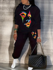 Abstract Face Print Sweatshirt & Jogger Set Plus Size