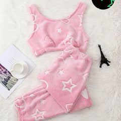 Star Pattern Plush Pajama Set Sleeveless Crop Top & Loose Pants