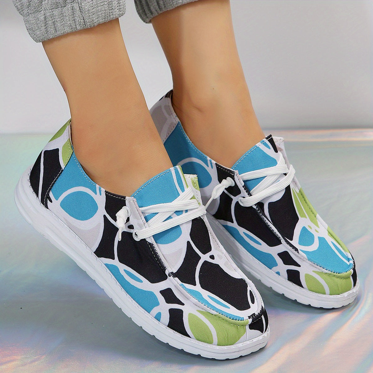 Women's Printed Canvas Shoes Lace Up Loafers Casual Walking Flats