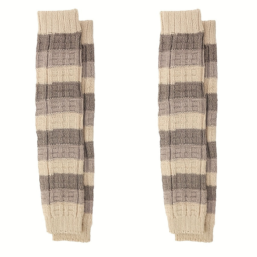 2 Pairs Striped Knitted Leg Warmers Warm Colorblock Knee High Socks