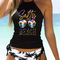 Coconut Tree Sunglasses Drawstring Halter 2 Piece Swimsuit